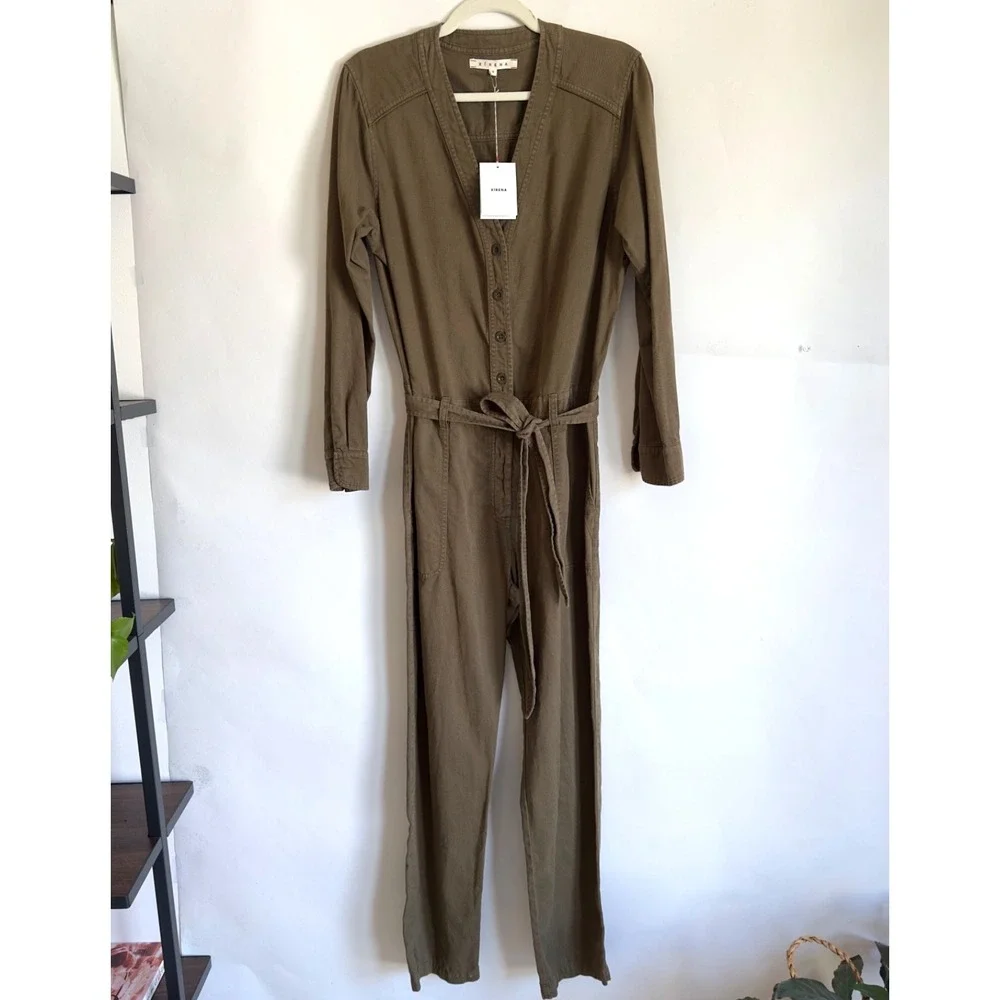 Xirena‎ Long Sleeve Wylie Jumpsuit-Button Front Tie Waist-Khaki Green-Size S NWT